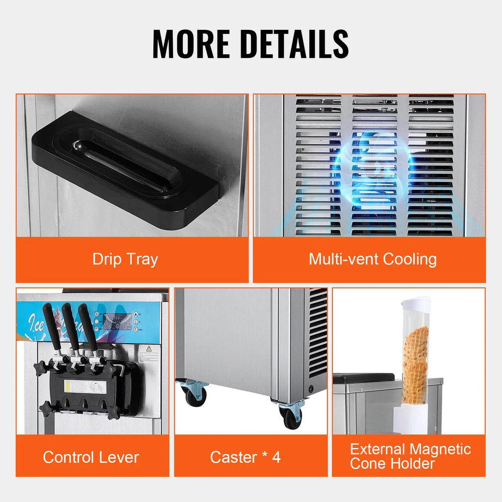 KFFKFF 3-Flavor Commercial Ice Cream Machine 21-31 L/H Soft Serve Ice Cream Maker 2 5.5L*2 Cylinder LED Panel and Auto Clean