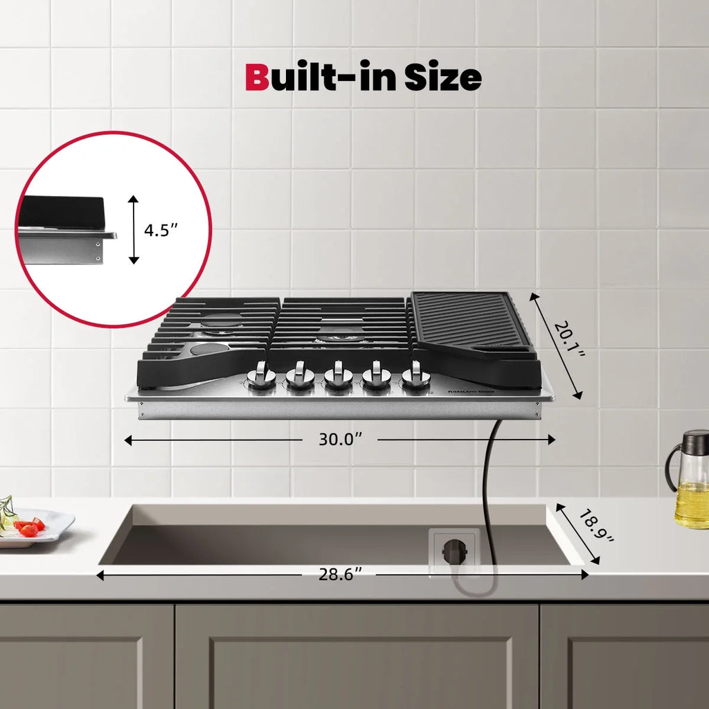 GASLAND Master Series 30 Inch Gas Cooktop with Griddle PRO GH3805SS1FC with 5 Burners, CSA certified,120V Plug-in, NG/LPG Convertible