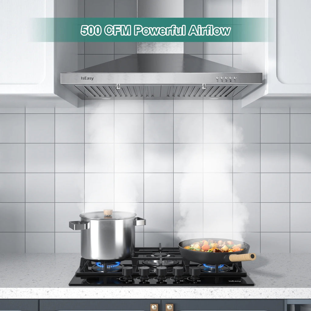 Range Hood 30 inch, IsEasy Wall Mount Vent Hood 500 CFM with Ducted Convertible Ductless Kitchen Hood in Stainless Steel, 3 Speed Exhaust Fan, LED Lights