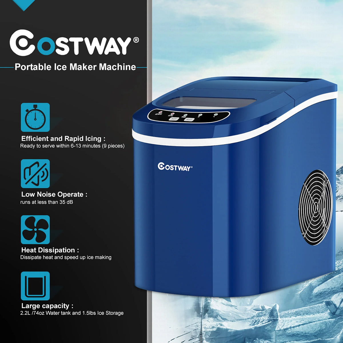 Costway Silver Portable Compact Electric Ice Maker Machine Mini Cube 26lb/Day