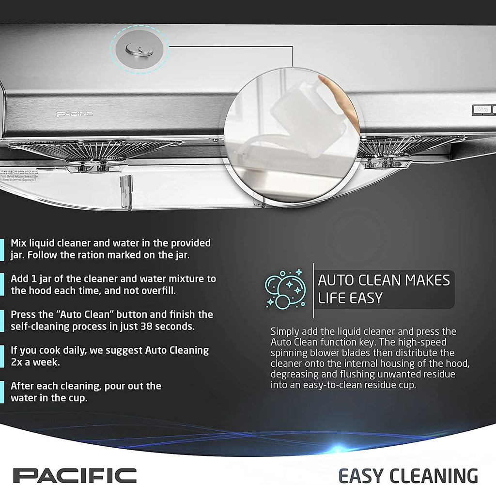 Pacific Kitchen Vent Hood AC3000BS �C 30 Inch Under Cabinet Range Hood �C Filterless Modern Stainless Steel Hood Vent with 900 CFM Suction, Dual Fans, LED Touch Controls and Auto-Clean Function