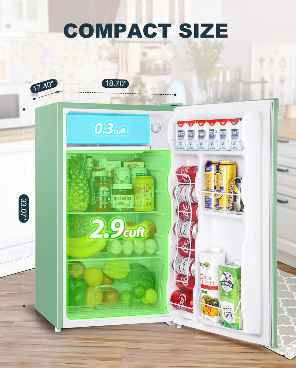 Upstreman 3.2 Cu.Ft Mini Fridge with Freezer, Single Door Mini Fridge, Dorm Fridge, Adjustable Thermostat, Mini Refrigerator for Bedroom, Office, Dorm, Green-BR321