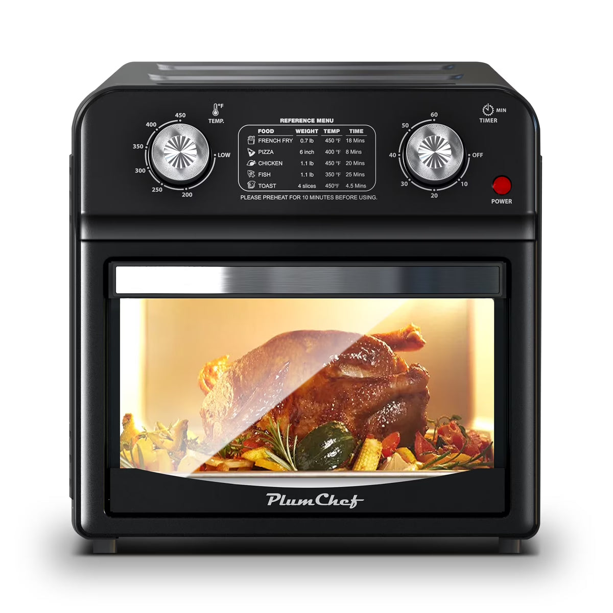 PlumChef 13 Quart 4 Slices Air Fryer Convection Toaster Oven, 1500W, 7 in 1 Multifunction with Roast, Bake, Grill, Broil, Toast, Dehydrate, Defrost, Stainless Steel