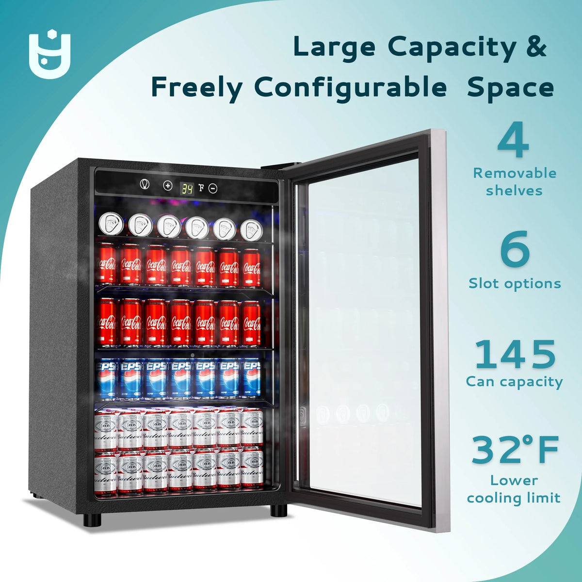 EUHOMY 145 Can Beverage Refrigerator and Mine Cooler with Glass Door with Adjustable Shelves