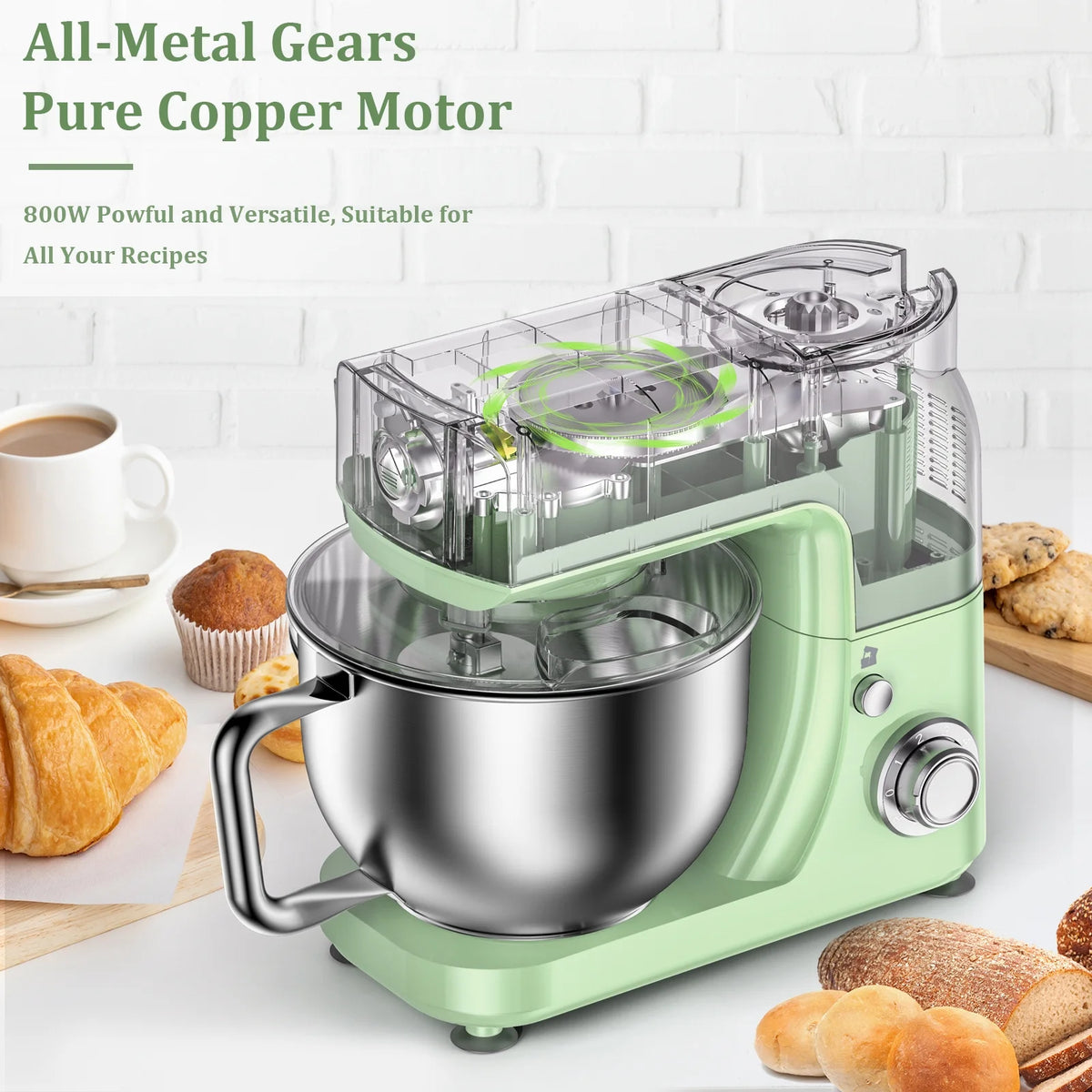 LINKChef Stand Mixer, 5.3QT 800W 6+P Speeds with Whisk, Dough Hook and Beater (White)