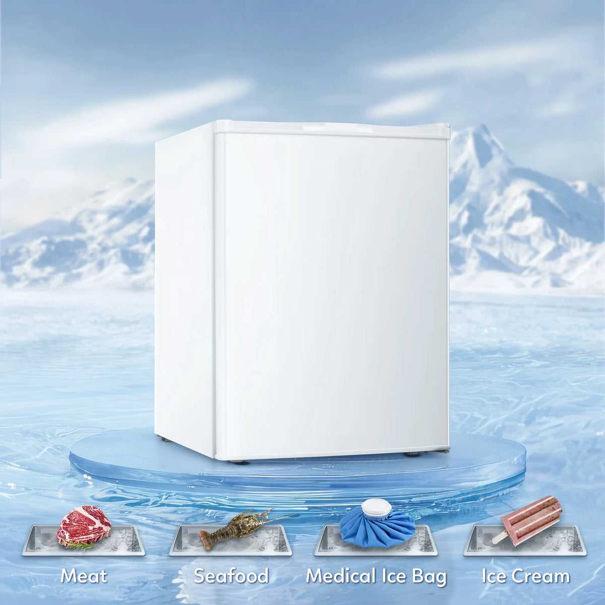 Auseo Mini Freezer Countertop, Energy Saving 2.6 Cu.ft, Single Door Compact Upright Freezer with Reversible Door for Home/Office/Kitchen-White