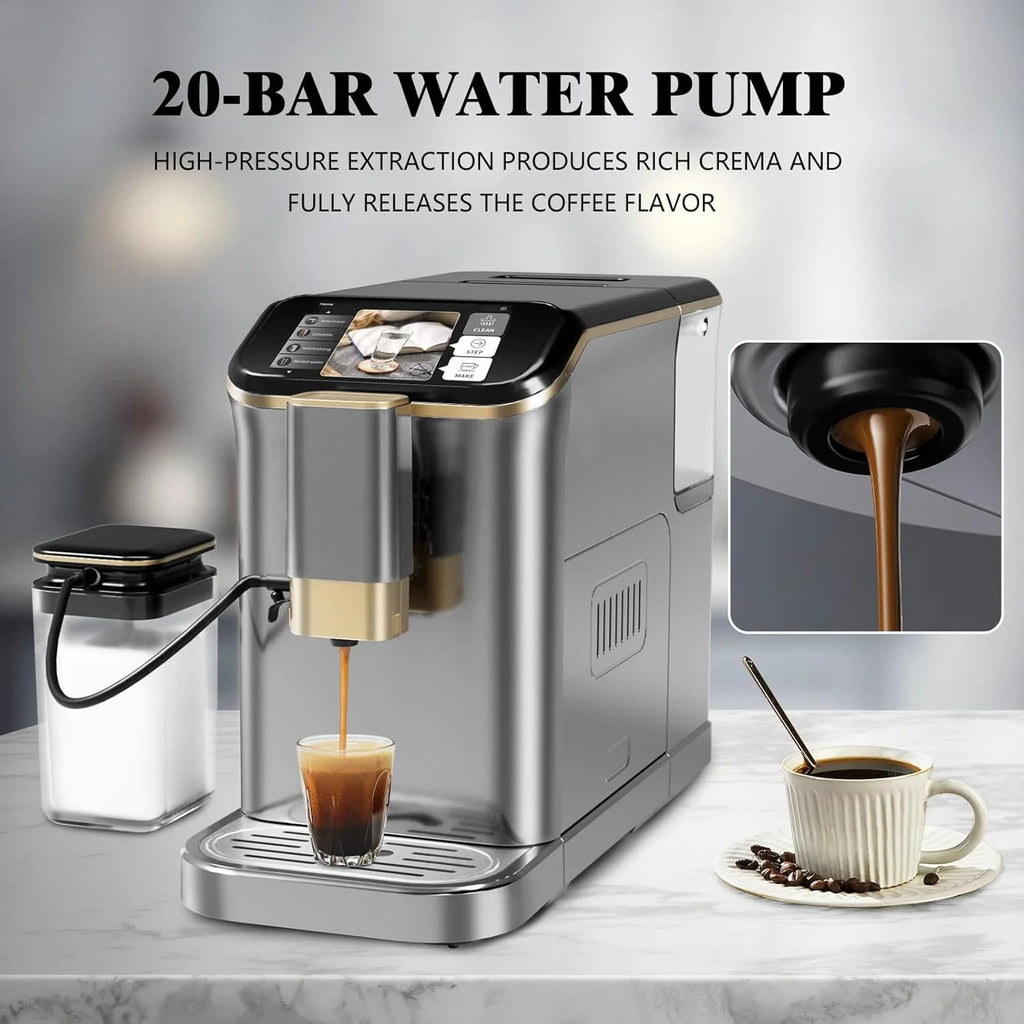 Espresso Machine,Fully Automatic Espresso Machine with Automatic Milk Frother,7 Coffee Varieties,20-Bar,Built-in Grinder,Intuitive Touch Display,1.5-L Water Tank