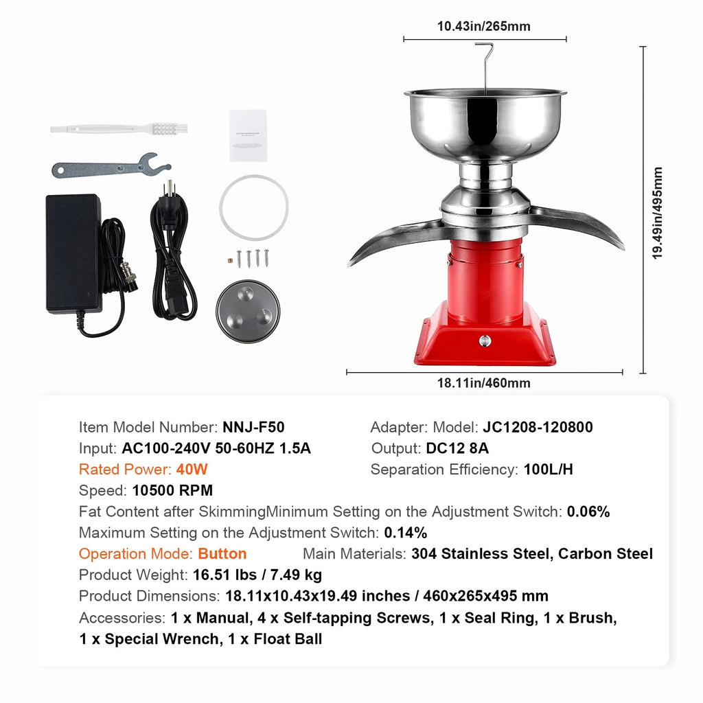 KFFKFF Dairy Cream Spin Separator, Constructed from 304 Stainless Steel, Electrical Cream Dividers, 100L/H Production 10500RPM Bovine Milk Separator, 30W Bovine Cream Separator, Milk Clarifier