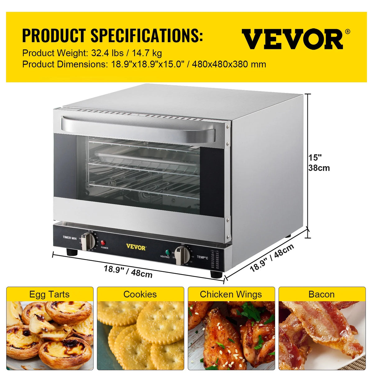 VEVOR Commercial Convection Oven,21L/19Qt,Quarter-Size Conventional Oven Countertop,1440W 3-Tier Toaster with Front Glass Door,Electric Baking Oven with Trays Wire Racks Clip Gloves