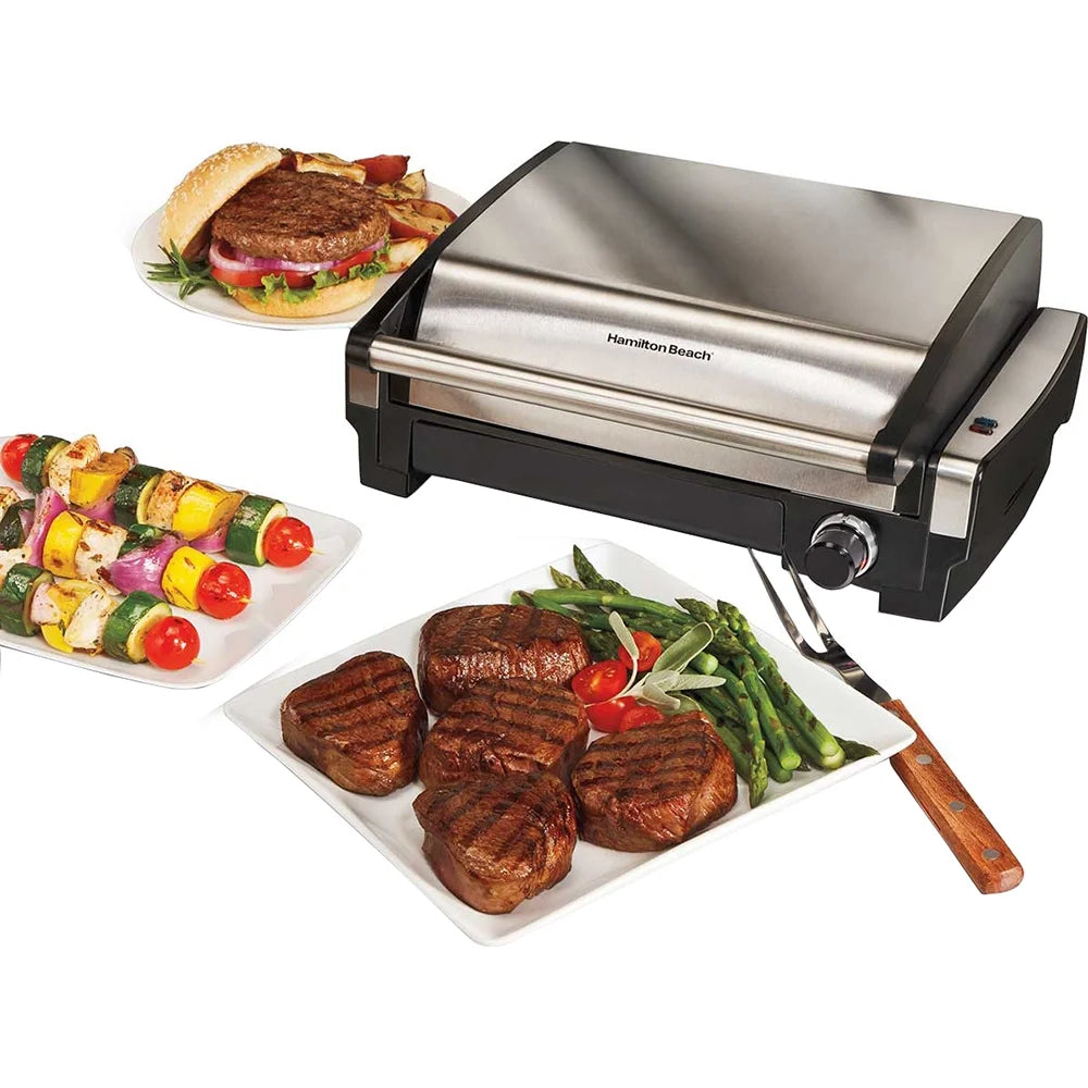 Hamilton Beach Electric Indoor Searing Grill Removable Easy-to-Clean Nonstick Plate, 6-Serving, Extra-Large Drip Tray, Stainless Steel (25360)