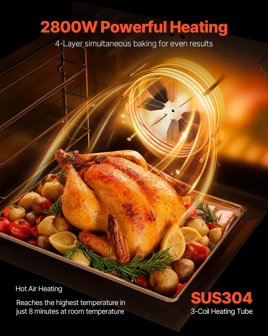 KFFKFF Professional Counter-Top Oven, 66L 4-Level Roasting Oven, 2800W Electrical Cooking Oven with Reinforced Glass Door, Wire Shelves, Clip Tray, Gloves, Stainless Steel Industrial Oven