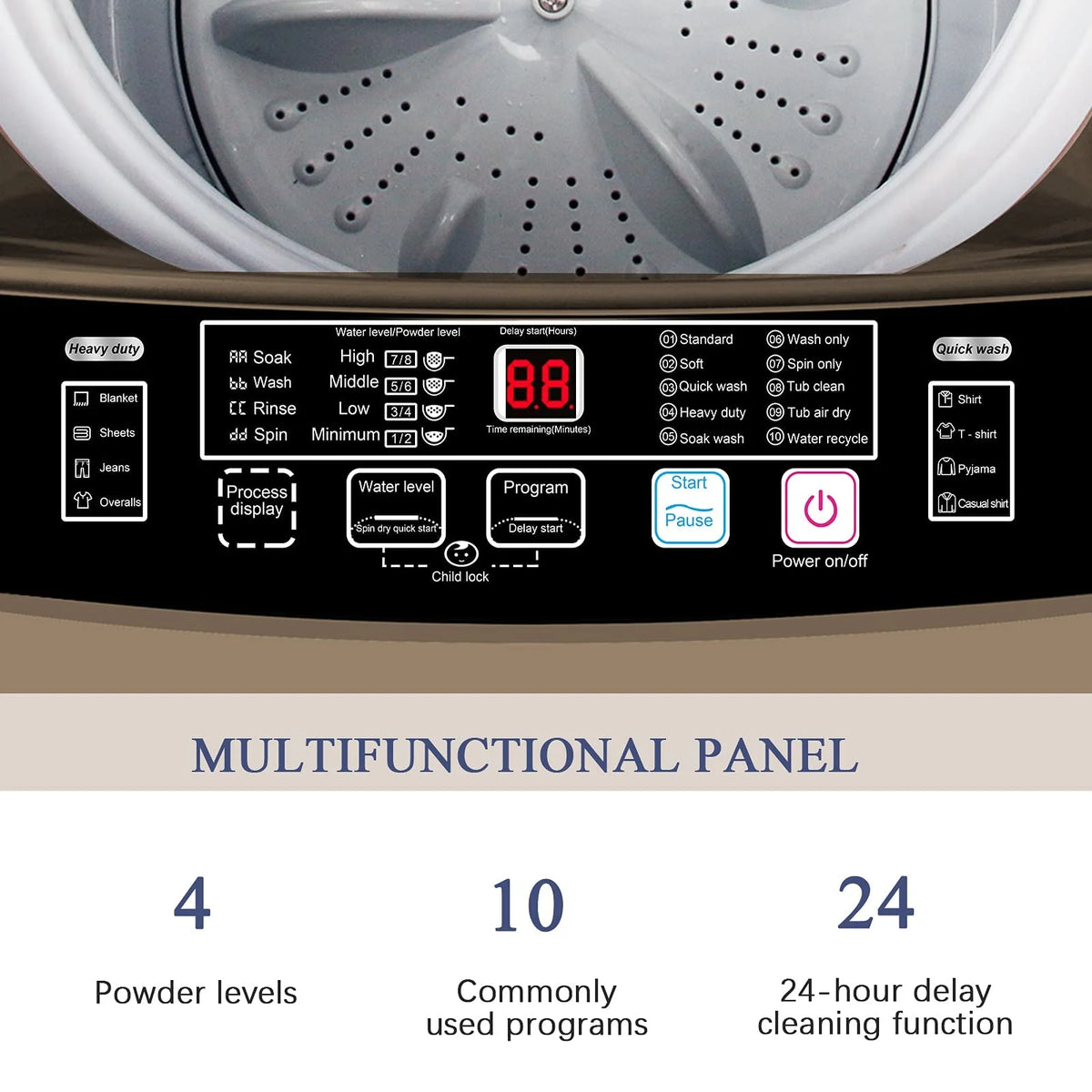 17.7 lbs Full Automatic Washing Machine with LED Display Compact Washing Machine with Drain Dump, 10 Wash Programs and 8 Water Levels Ideal for Dorms, Apartments, Grey