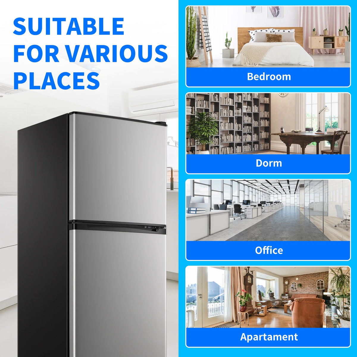 2 Door Mini Fridge with Freezer,4.5 Cu.ft.,5 Adjustable Thermostat & 4 Removable Glass Shelves