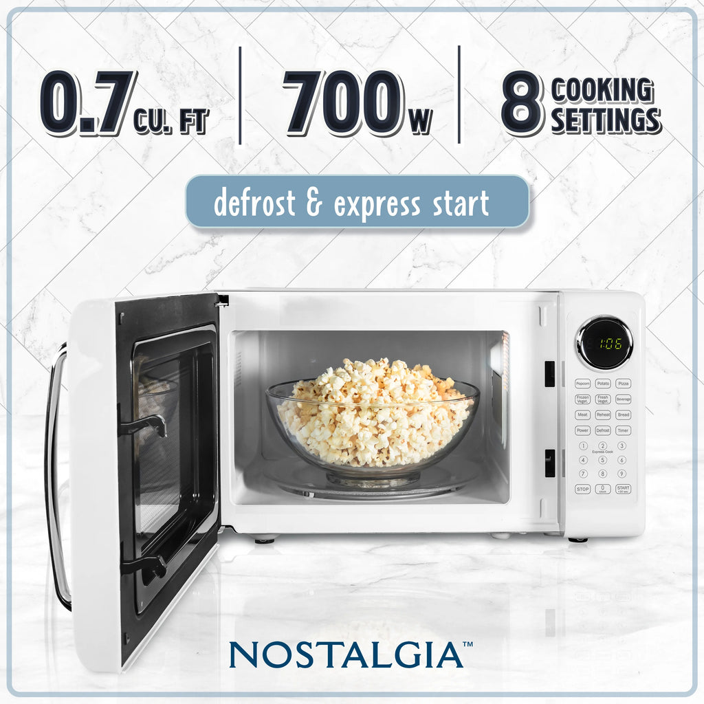 Nostalgia Retro Microwave Oven - 0.7 Cu Ft & 700-Watt Countertop Microwave with Glass Turntable, Child Safety Lock, 8 Auto-Cook Programs & Digital Clock - Aqua