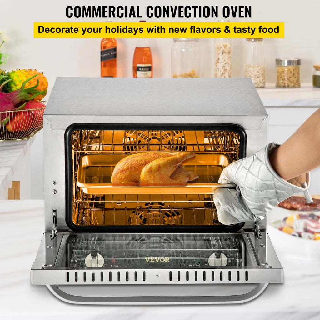 VEVOR Commercial Convection Oven,21L/19Qt,Quarter-Size Conventional Oven Countertop,1440W 3-Tier Toaster with Front Glass Door,Electric Baking Oven with Trays Wire Racks Clip Gloves