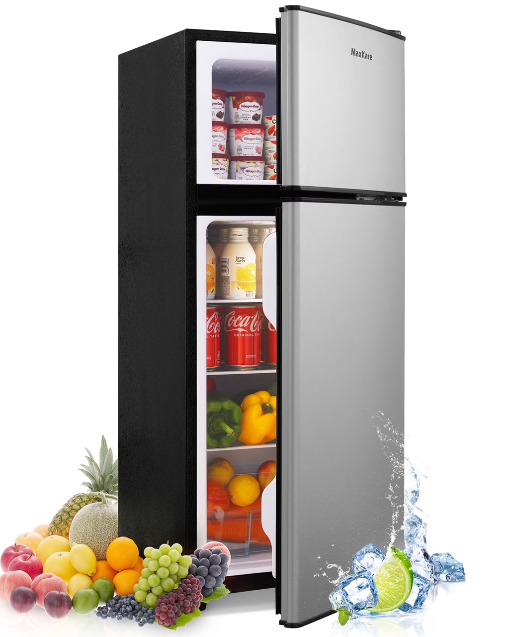 MaxKare 3.6 Cu.ft Mini Fridge with Freezer 2-Door Compact Refrigerator for Dorm, Office, Bar, RV, Bedroom, Silver