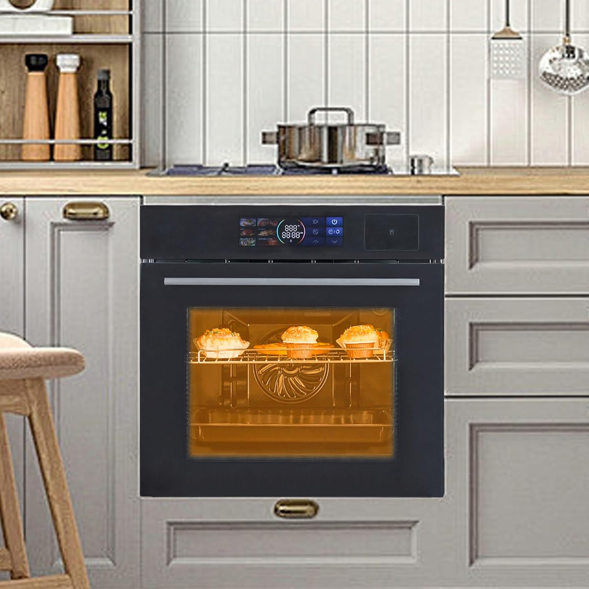 24" Built-in Electric Ovens with 70L Capacity, 3000W Single Wall Oven with View Window, Steam & Grill Oven 2 in 1, 8 Cooking Functions & 108 Automatic Recipes, 3D Surround Heating, LED Screen
