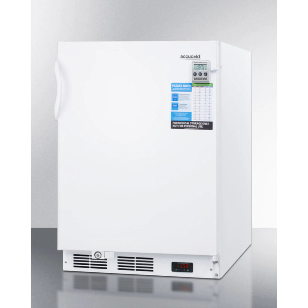 ADA compliant built-in undercounter vaccine all-freezer with digital thermostat, temperature alarm, hospital grade cord, self-closing door, and front lock