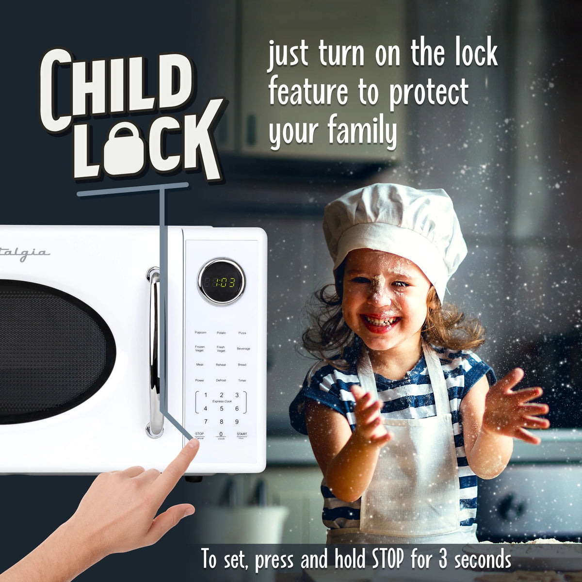 Nostalgia Retro Microwave Oven - 1.1 Cu Ft & 1000-Watt Countertop Size with Glass Turntable, Child Safety Lock, 8 Auto-Cook Programs & Digital Clock - Black