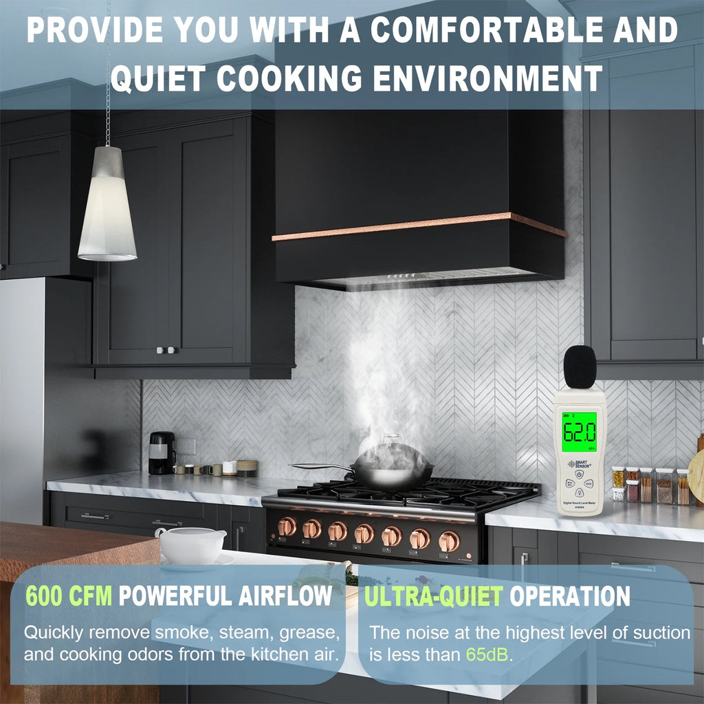 Akicon Range Hood 36 Inch, Ultra Quite Stainless Steel Kitchen Hood, Wall Mount Square Vent Hood with LED Light and Dishwasher-Safe Filters, Hood Vents for Kitchen, 3 Speeds, 600 CFM (AK-HS36HB-SWG)