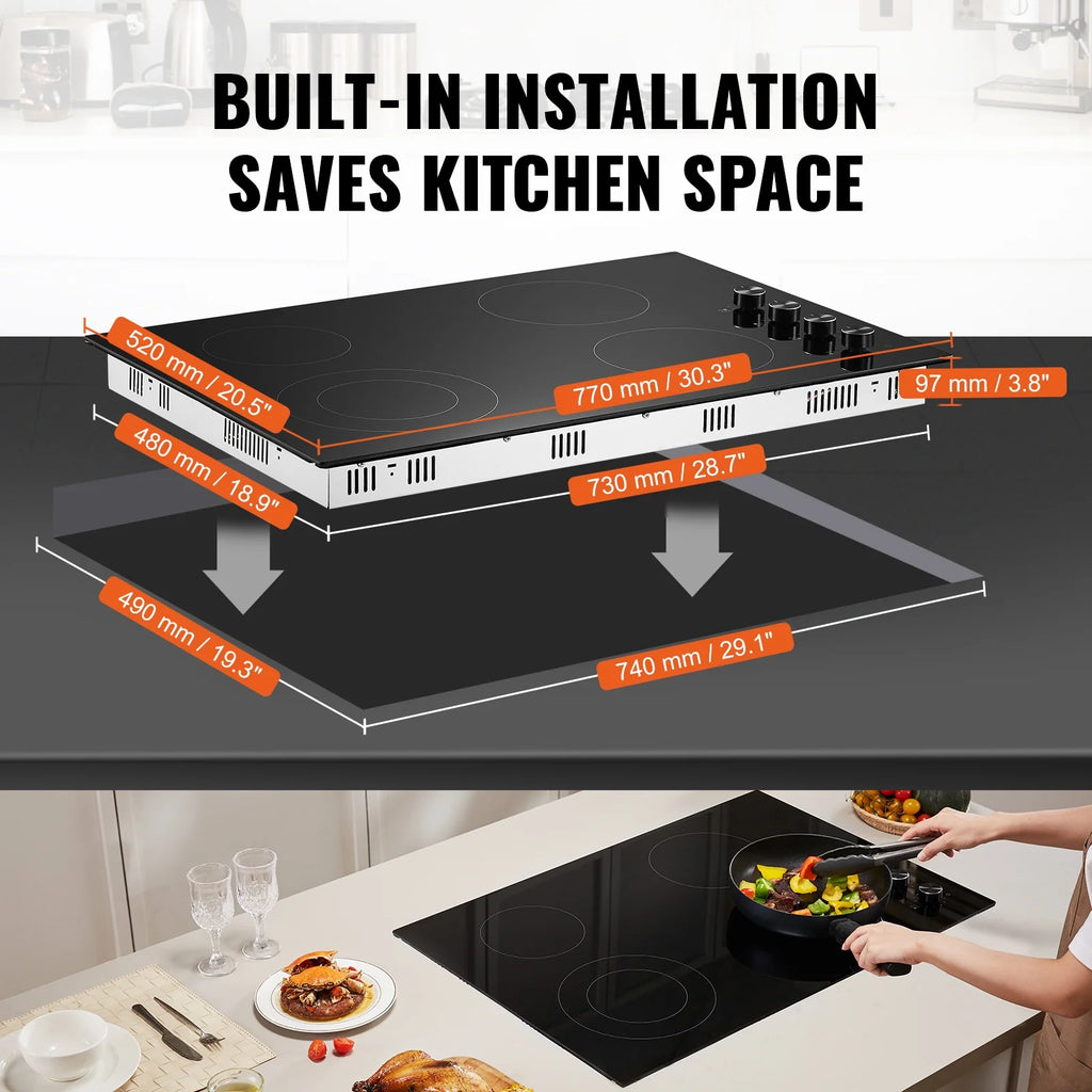 KFFKFF Built-in 4 Burner Electric Cooktop, 7200W Electric Range, 30" Electric Cooktop with Glass Surface, Knob Control, 11 Temperature Settings, 220-240V, Direct Wiring Required