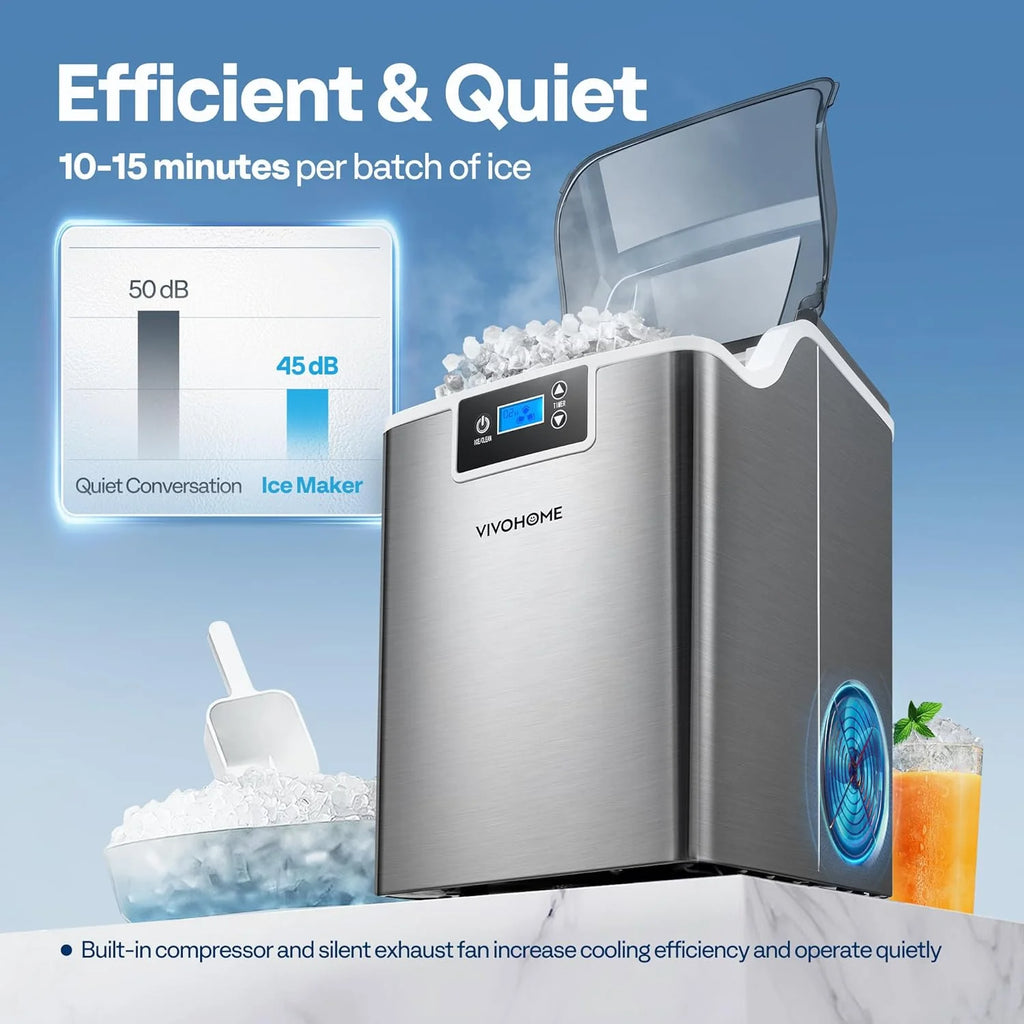 SPECSTAR Nugget Ice Maker Machine, Countertop Ice Maker with Hand Scoop 10 Ice Bags and Self Cleaning Function 44lbs/Day, Silver