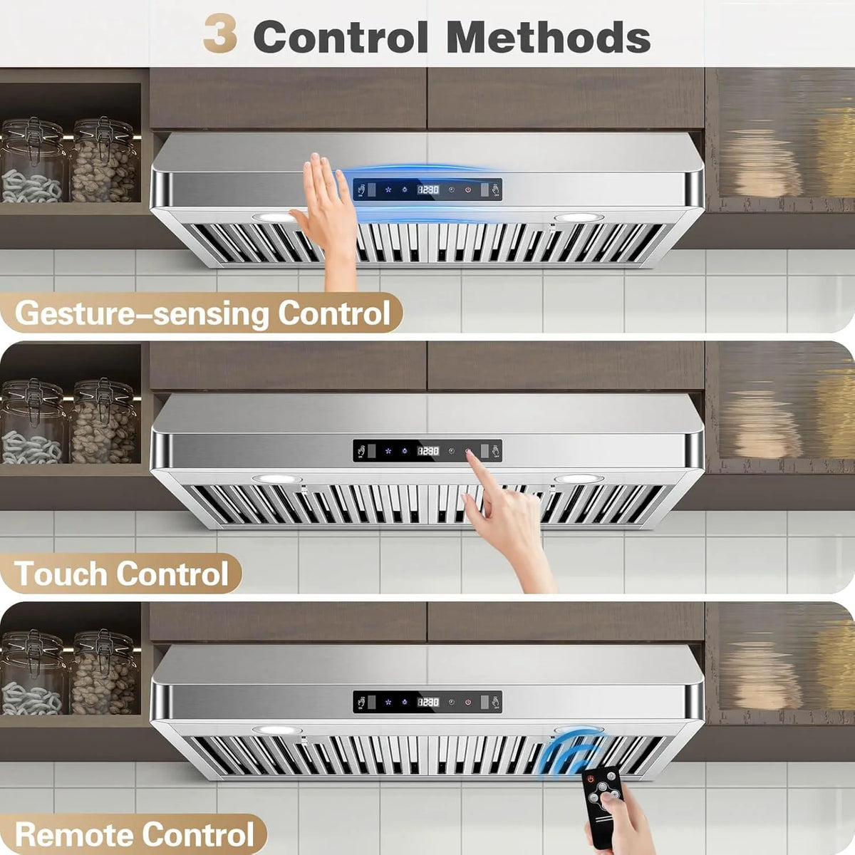Under Cabinet Range Hood 30 inch,Stainless Steel Ducted/Ductless Range Hood with Touch/Gesture/Remote Control,700CFM & 3-Speed Kitchen Stove Vent Hood,Baffle Filters,3 Air Vents