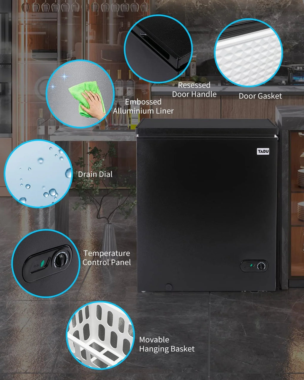 TABU Chest Freezer, 7.0 Cu Ft Deep Freezer with Adjustable Temperature, Compact Freezer with Top Open Door (Black)