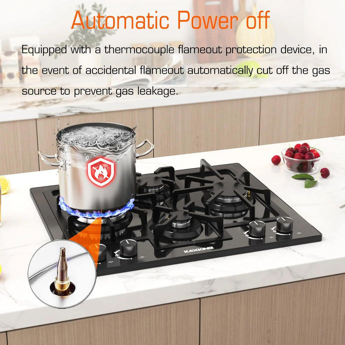 24 Inch Black Gas Cooktop - Built-in Dual Fuel Natural Gas & Propane Stove - 4 Burner Convertible Cooktop with Thermocouple Protection