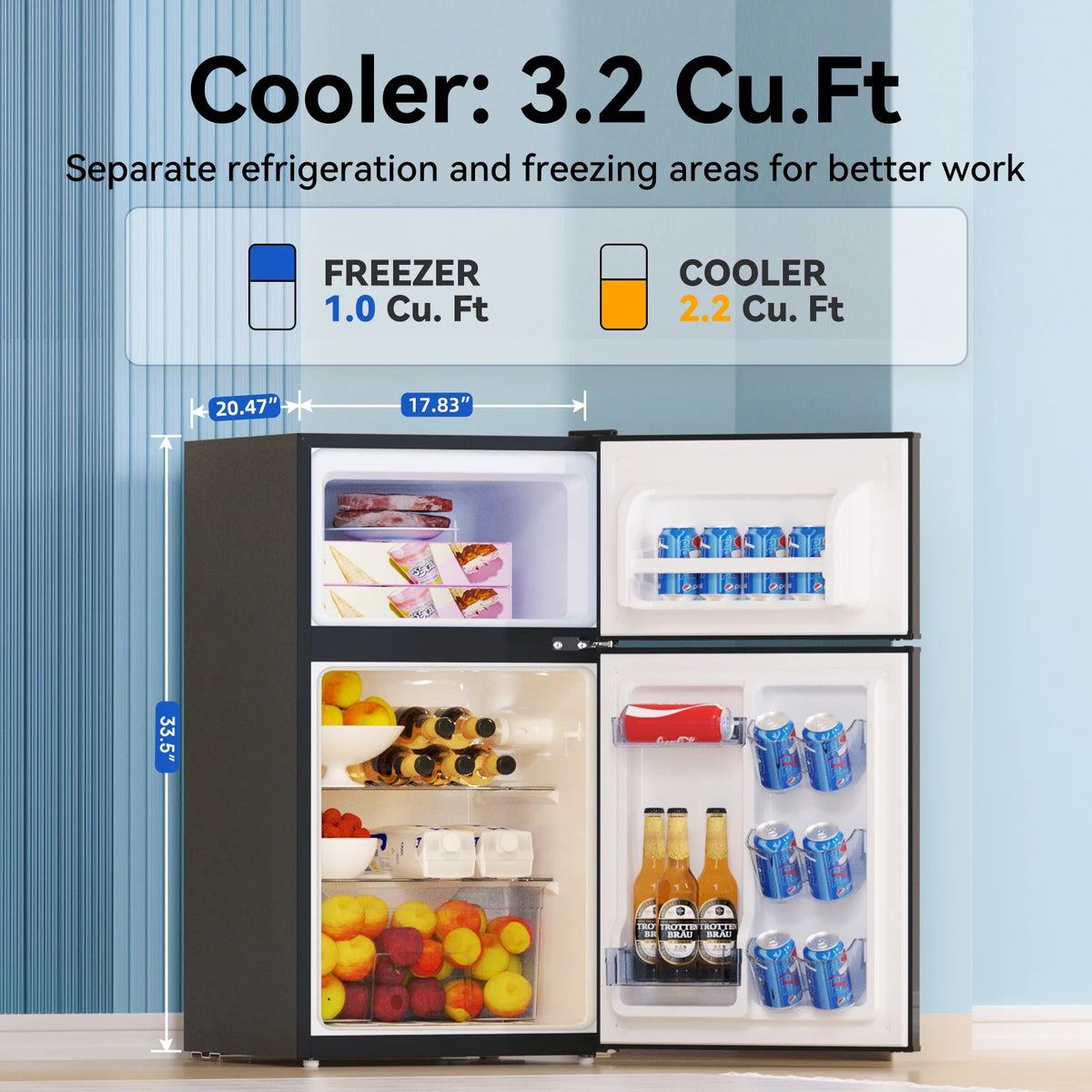Frestec 3.2 Cu.Ft Compact Refrigerator, 2 Door, Black, Energy-Saving, Quiet, Mini Fridge