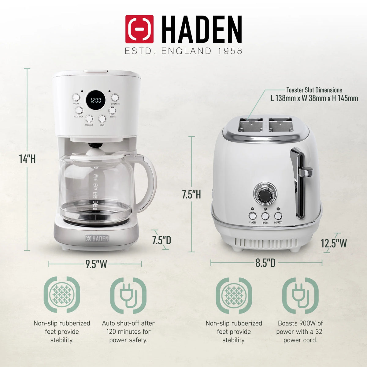 Haden 12 Cup Coffee Maker with 2 Slice Stainless Steel Bread Toaster, White