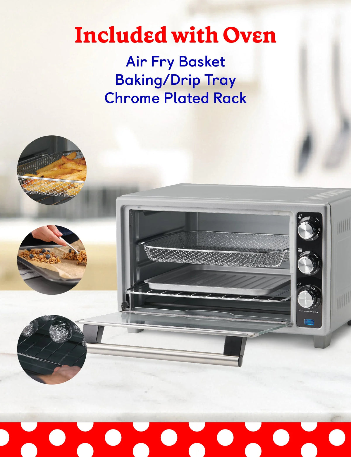 Betty Crocker Air Fryer Convection Toaster Oven, Multifunction 6-Slice Toaster and Air Fryer Oven, 0.8 Cu. Ft. 6 Slice Capacity AirFryer Toaster Oven Combo, 7 Function Convection Oven, Silver