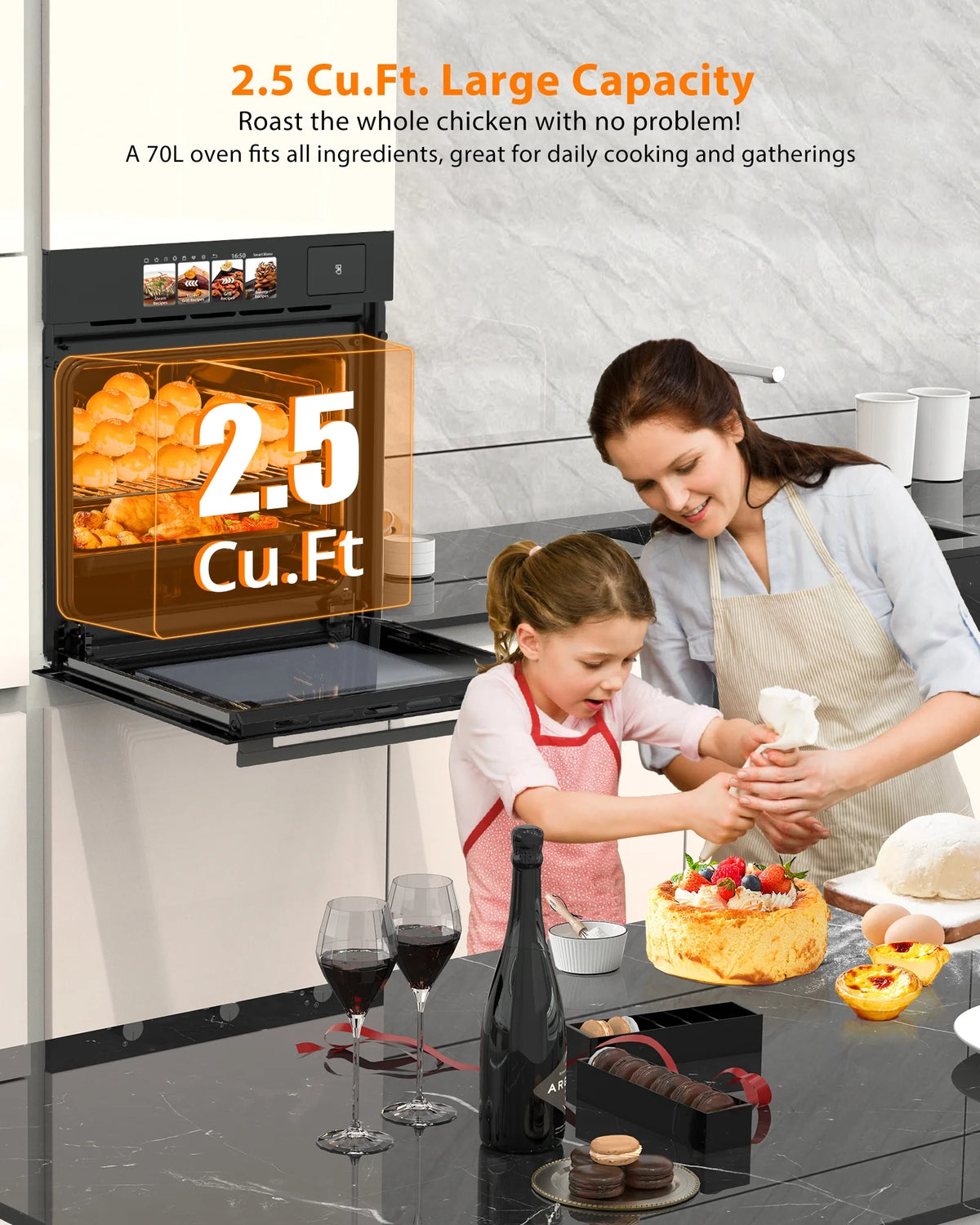 Zzistar Single Wall Oven with TFT Display ,24" Built-in Electric Ovens with 11 Functions, 8 Automatic Recipes, 2800W, 240V, 2.5Cu.f