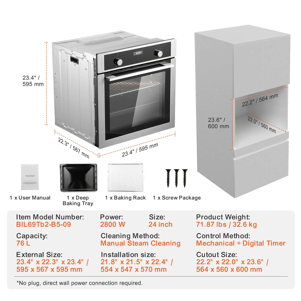 KFFKFF Solo Wall Oven, 24" Electric Integrated Wall Oven featuring 9 Culinary Modes, 2.68 Cu.Ft Electric Wall Ovens equipped with Timer, 2800W Electric Oven including Baking Rack and Tray