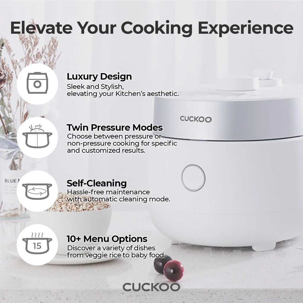 CUCKOO 3-Cup Induction Heating Twin Pressure Rice Cooker, Nonstick Pot, 15 Cooking Modes, Voice Guide