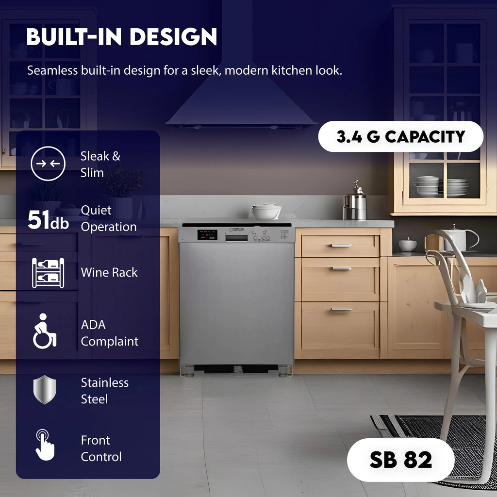 Equator 24" Built in 14 place Dishwasher in Stainless Energy Star Certfied, Quiet Operation and Advanced Santization