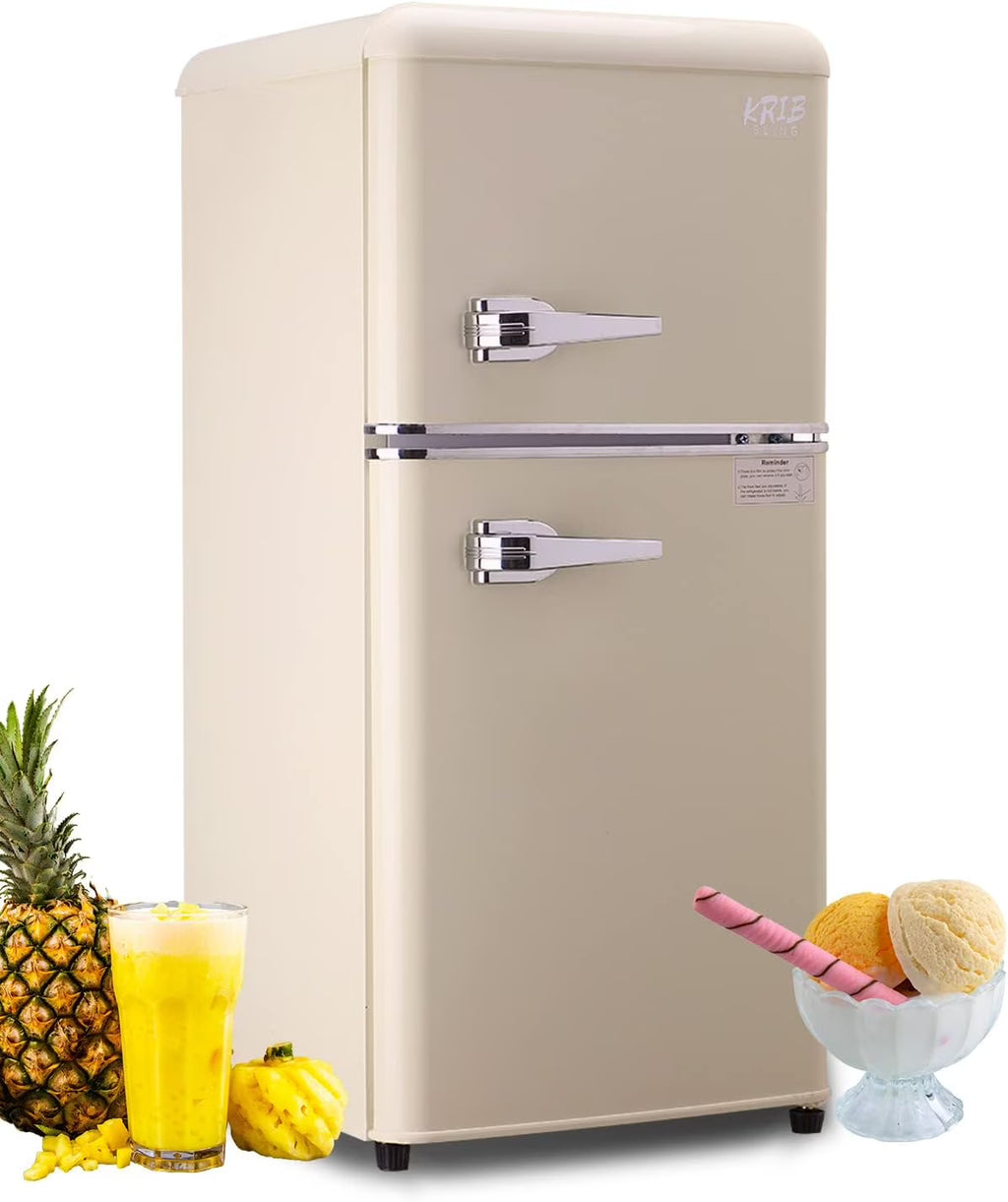 KRIB BLING 3.2 Cubic Feet Double Door Mini Fridge with Freezer, Mini Compact Refrigerator 2 Doors for Dorm, Office, Apartment, RV, Bedroom, Black