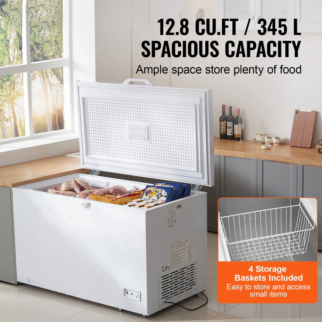 KFFKFF 12.8 Cu.ft / 345L Small Top-Open Chest Freezer 7-Speed?Temperature Control Removable Storage Basket, Freestanding 4 Detachable Baskets, 6 Casters