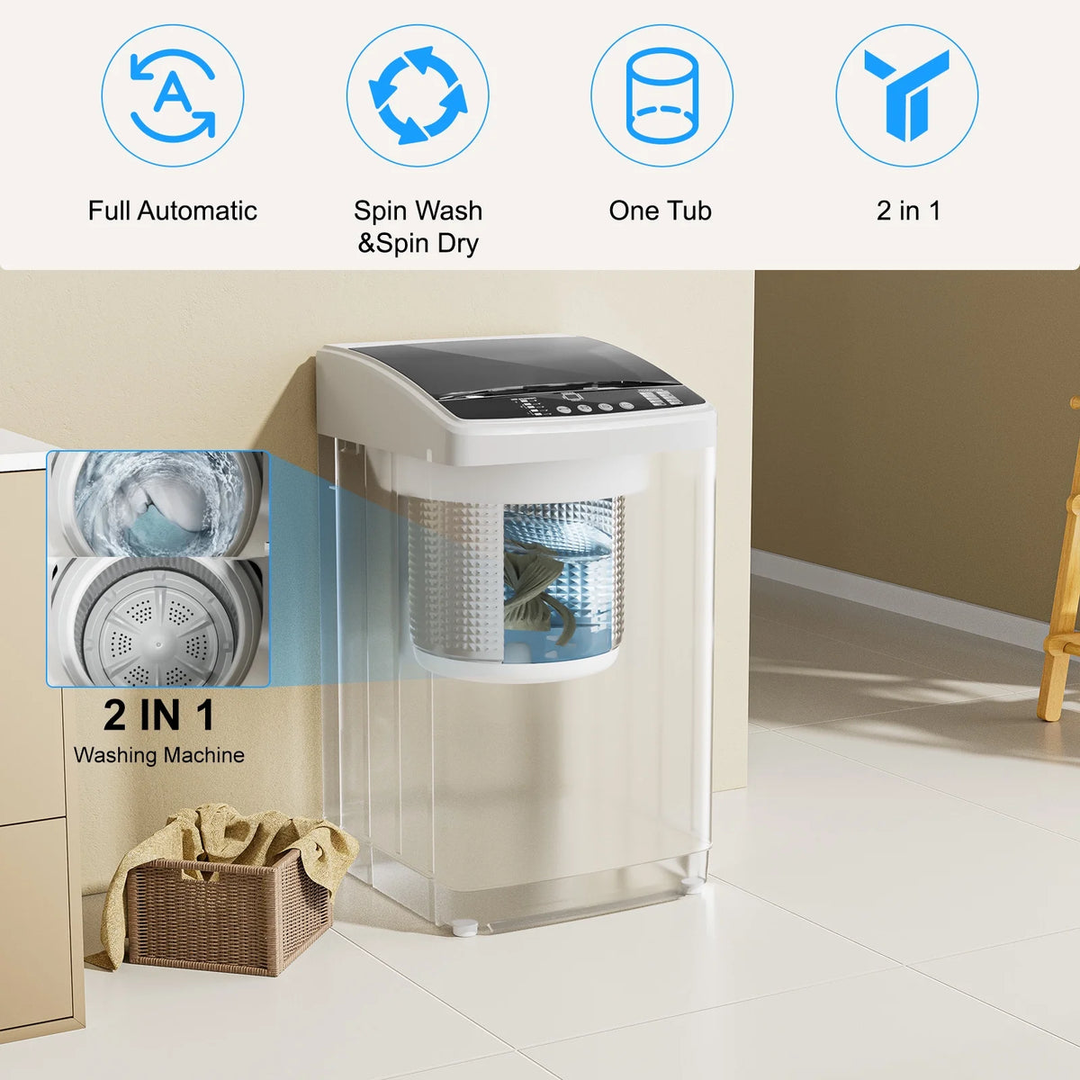 TABU Washer and Dryer Set, 19LBS Fully Automatic Washing Machine & 8.8LBS Clothes Dryer (White&White)