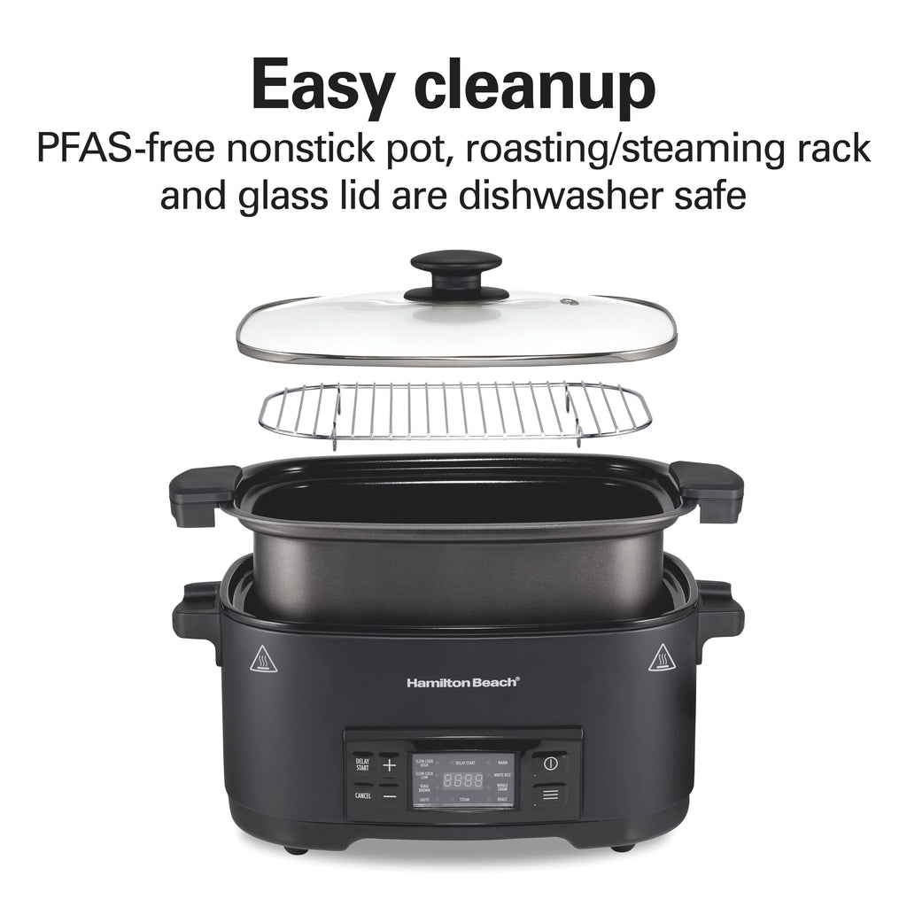 Hamilton Beach 9-in-1 Multi Cooker, 6 Qt Searing Slow Cooker, Nonstick Aluminum Crock with Removable Pot, Black