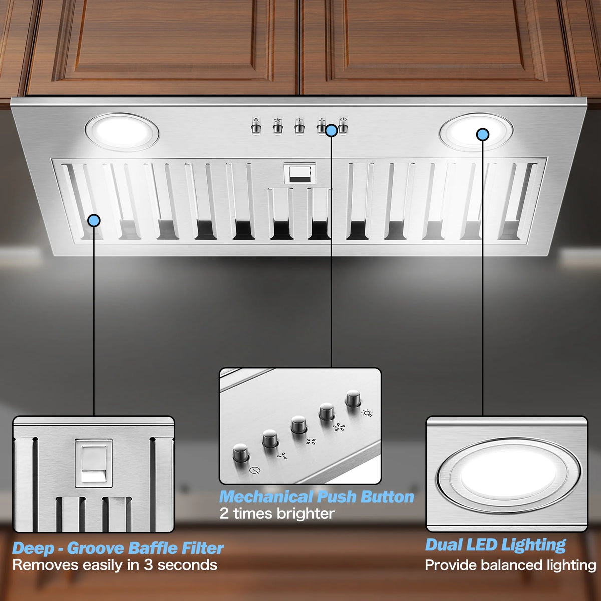20" 600 CFM Range Hood Insert, Ultra-Quiet ��60dB, Dishwasher-Safe Filter, 3-Speed, LED Lights, Ductless/Ducted