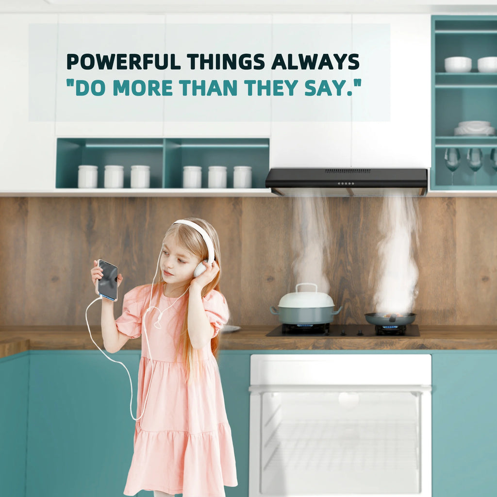 FIREGAS Black Under Cabinet Range Hood 30 inch, Slim Kitchen Over Stove Vent, LED Light, 3 Speed Exhaust Fan, Push Button,Stainless Steel 30 inch Range Hood,with Charcoal Filter