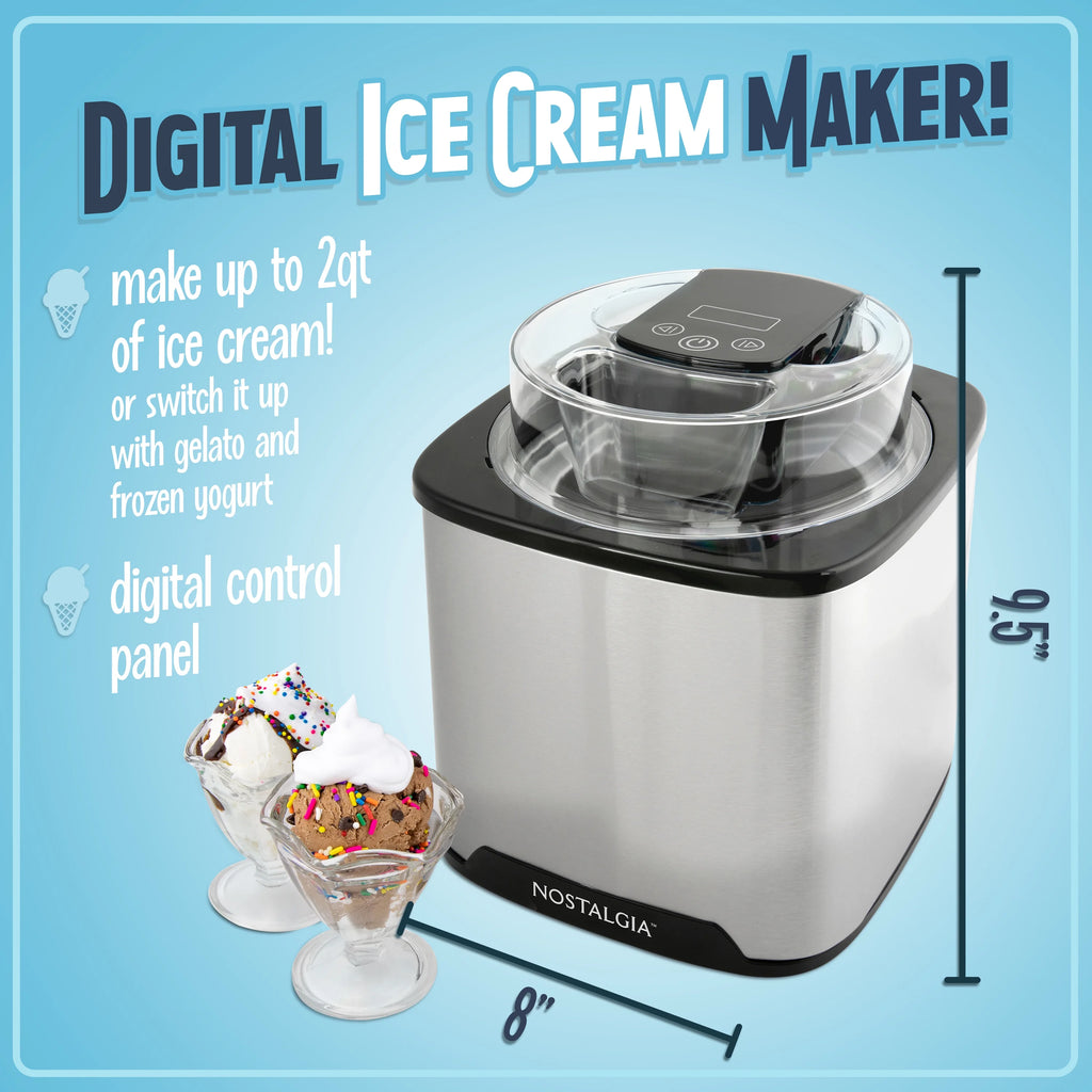 Nostalgia 2-Quart Electric Ice Cream Maker �C Make Homemade Ice Cream, Gelato, Sorbet & Frozen Yogurt �C No Salt/Ice Needed, Digital Controls, Mix-In Chute & Freezing Gel Canister �C Stainless Steel