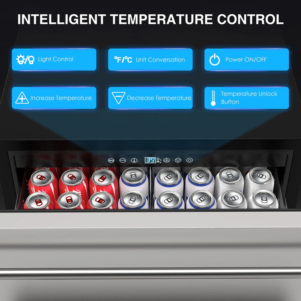 QAUSOU 24 Inch Under Counter Double Drawer Fridge, Weather Proof Stainless Steel Outdoor Beverage Refrigerator for Patio