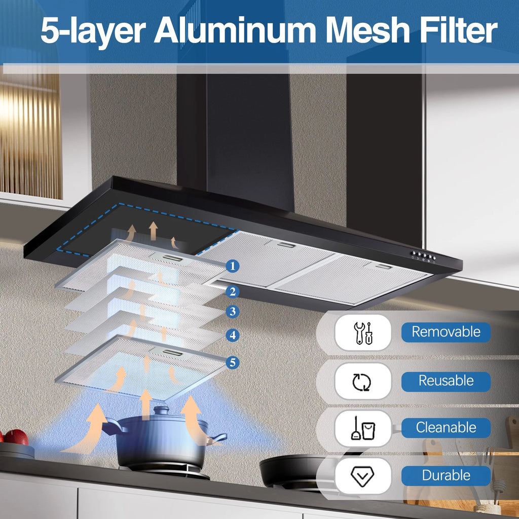 36-inch Wall Mount Range Hood 450CFM 3-Speed, Stainless Steel with LED Light, Adjustable Chimney 15.7-30.7in, Ducted/Ductless Ready, Quiet Under 55dB, 5-Layer Filters