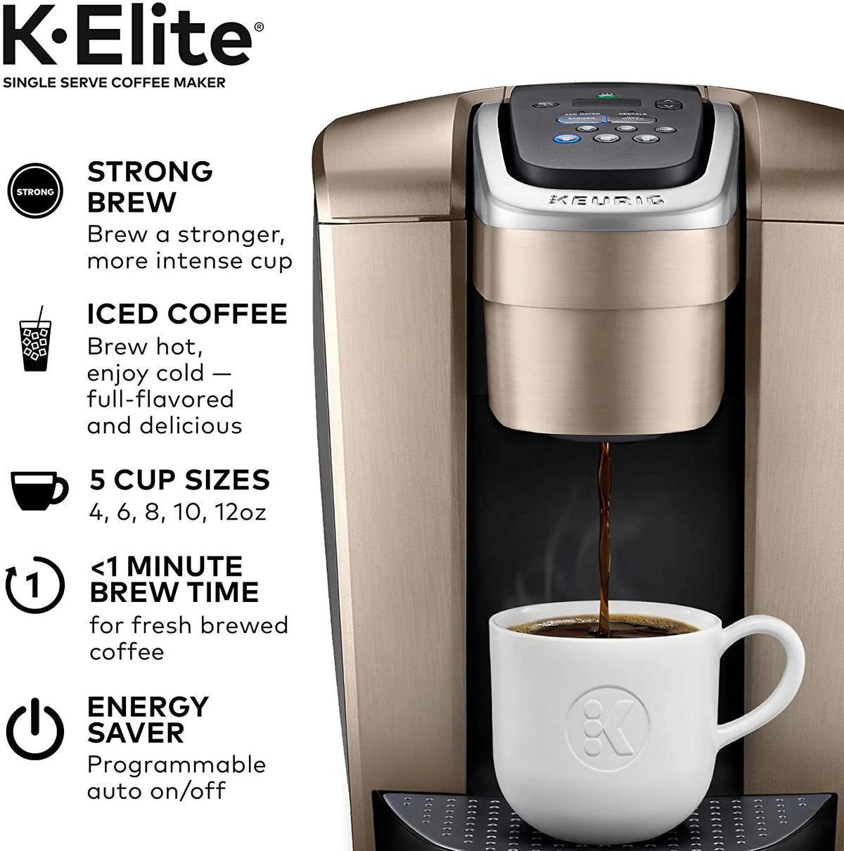 Keurig K-Elite Coffee Maker, Single Serve K-Cup Pod Coffee Brewer, With Iced Coffee Capability, Brushed Slate