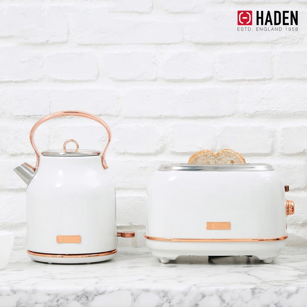 Haden Heritage 1.7 Liter Electric Kettle with 2 Slice Bread Toaster, White