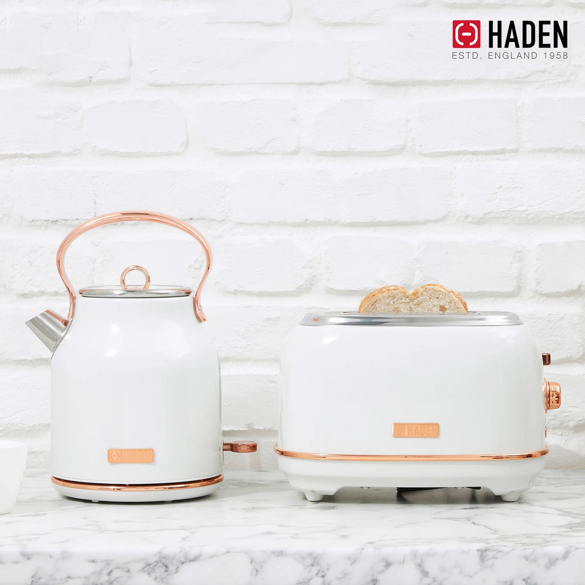 Haden Heritage 1.7 Liter Electric Kettle with 2 Slice Bread Toaster, White