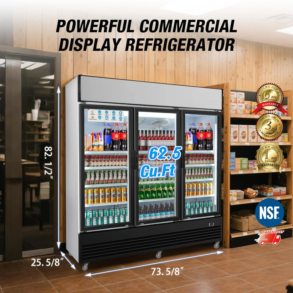 Commercial Merchandiser Refrigerator, 3 Glass Door, Beverage Cooler, 74" x 26" x 82", 62.5 Cu. Ft., NSF Certified