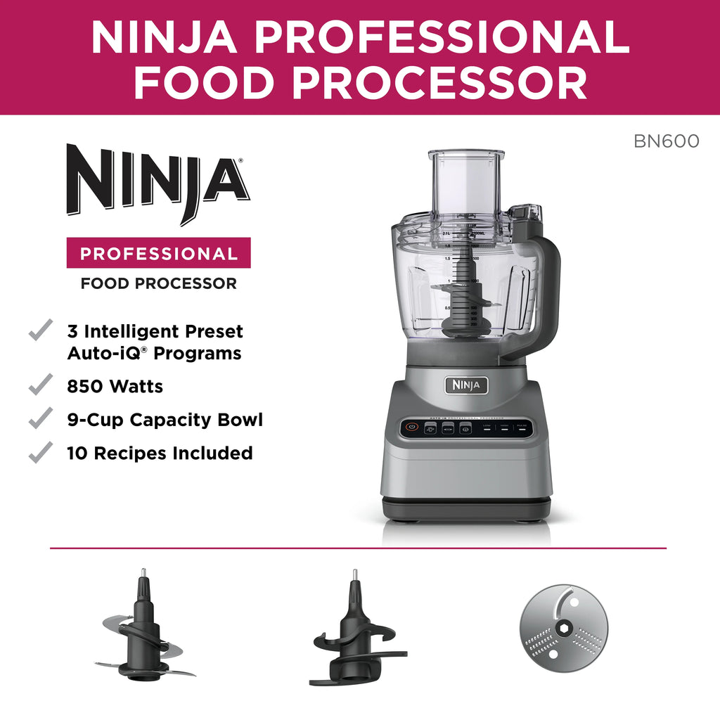 Restored Ninja® Professional Food Processor, 850 Watts, 9-Cup Capacity, Auto-iQ Preset Programs, BN600 (Refurbished)